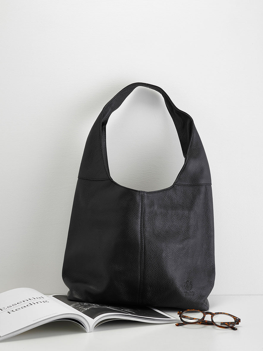 Slouchy Calf-Skin Bag, Black